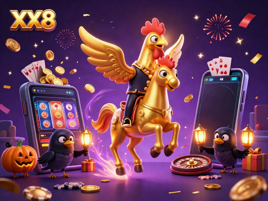 Engage with the vivid world of XX8, featuring a golden rooster amidst casino magic.