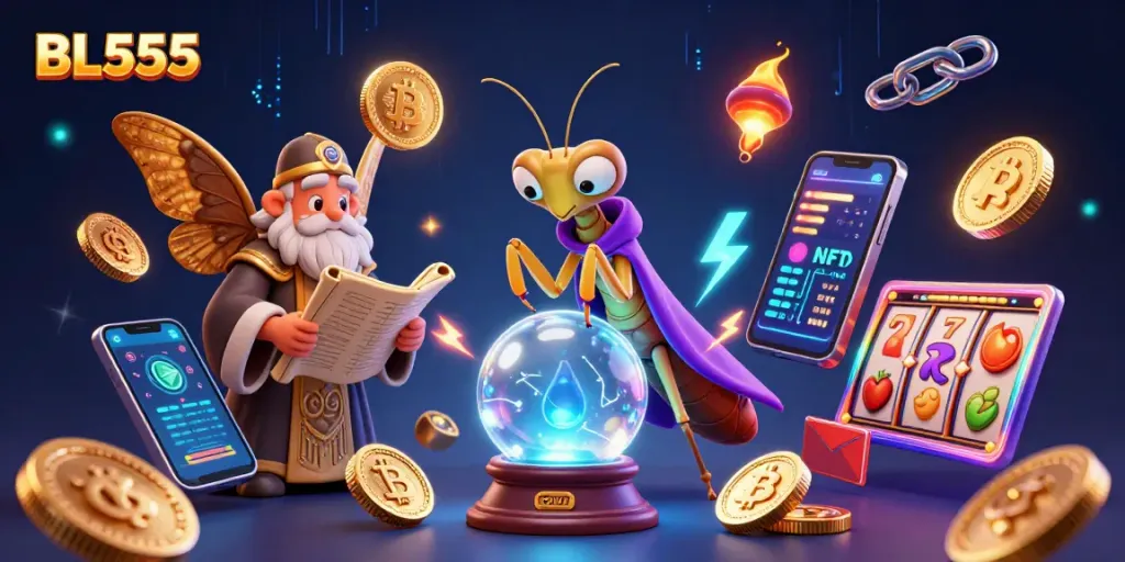 Engage in the thrilling world of BL555 casino games amidst captivating mystical characters and crypto elements.