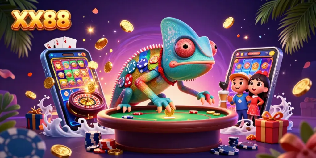 Win big with XX88 at the ultimate casino scene featuring a chameleon owner and dynamic gaming elements.