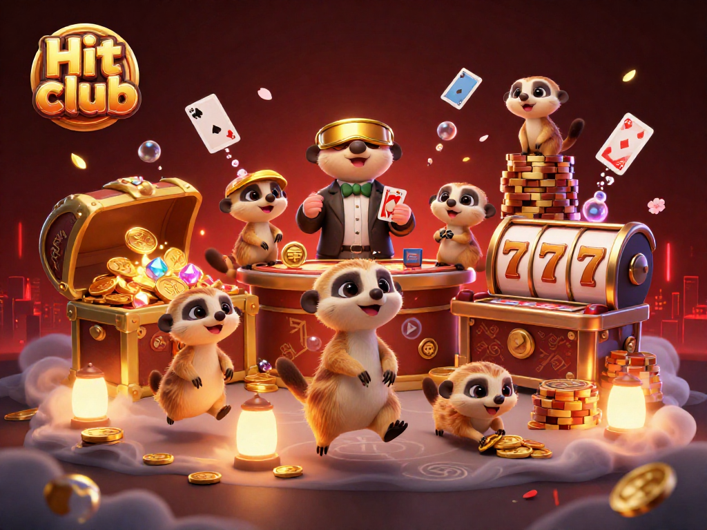 Hit club meerkats engage in vibrant casino action amidst floating cards and slot reels.