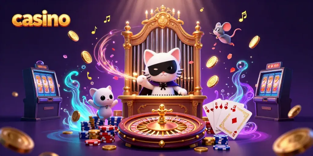 Cascade of coins and playing cards in a vibrant casino scene featuring a phantom cat and acrobatic mouse.