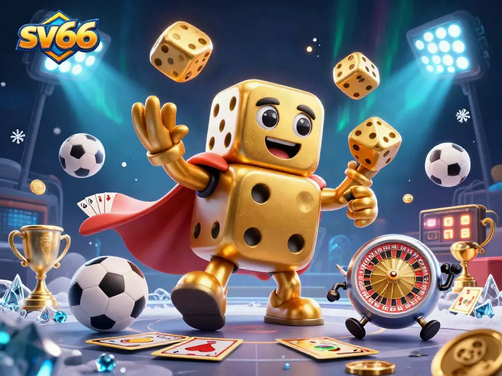 sv66 engages with a vibrant casino theme, featuring a playful golden dice golem juggling while surrounded by dynamic sports elements.