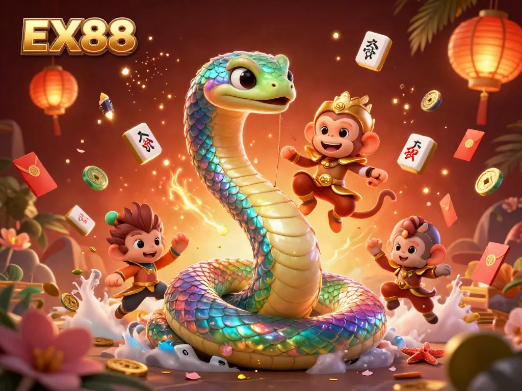 Experience the exciting allure of gaming with EX88 in this vibrant 3D casino illustration featuring dynamic characters and rich visual elements.