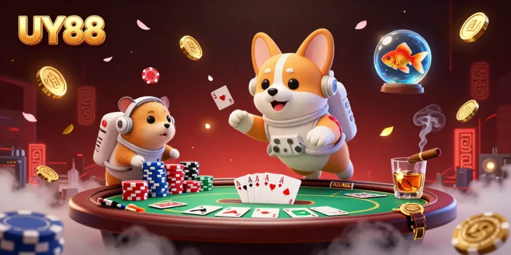 Experience UY88 with a playful astronaut corgi in a vibrant space casino, surrounded by gaming excitement.