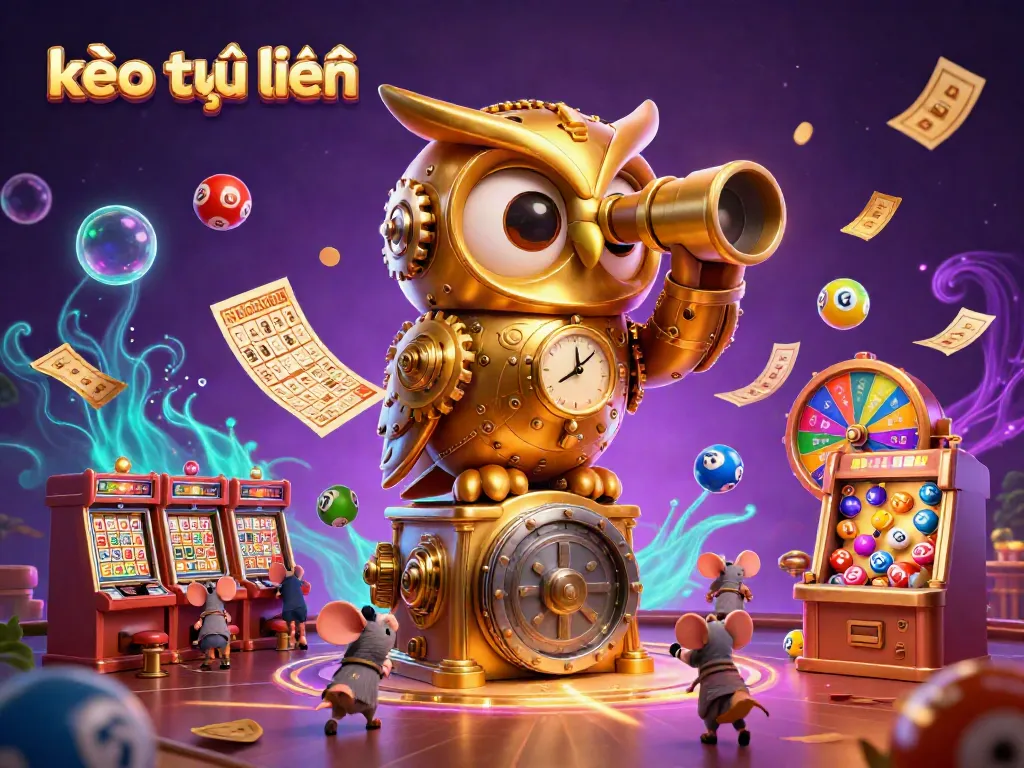 Experience kèo trực tuyến excitement with a golden owl and colorful lottery elements in an animated casino