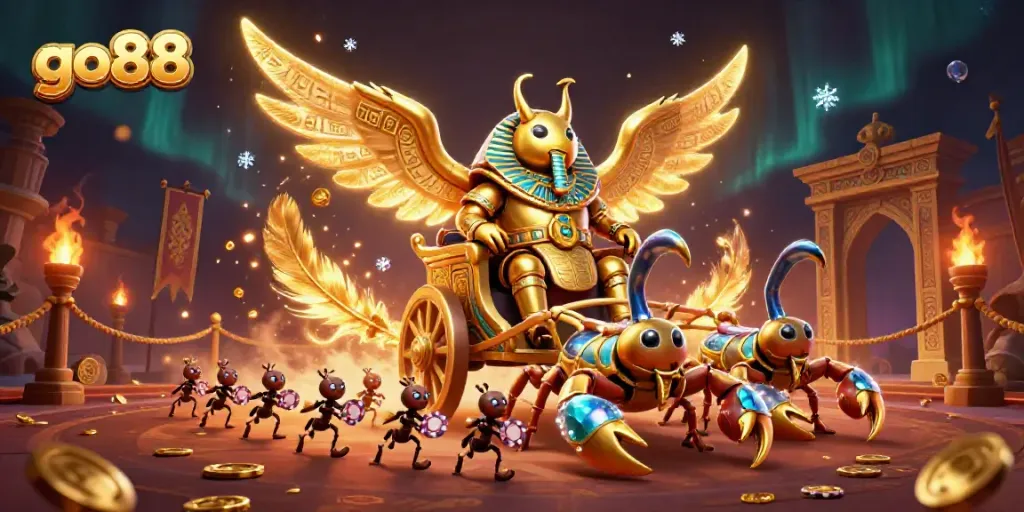 Experience the excitement of go88 with a vibrant scene of a golden chariot and scorpions in an animated casino.