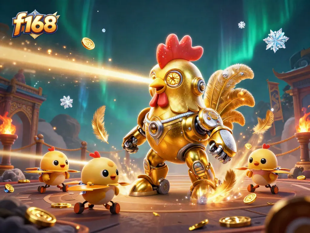 Witness the golden rooster robot f168 laser-engraving winnings in a vibrant casino realm.