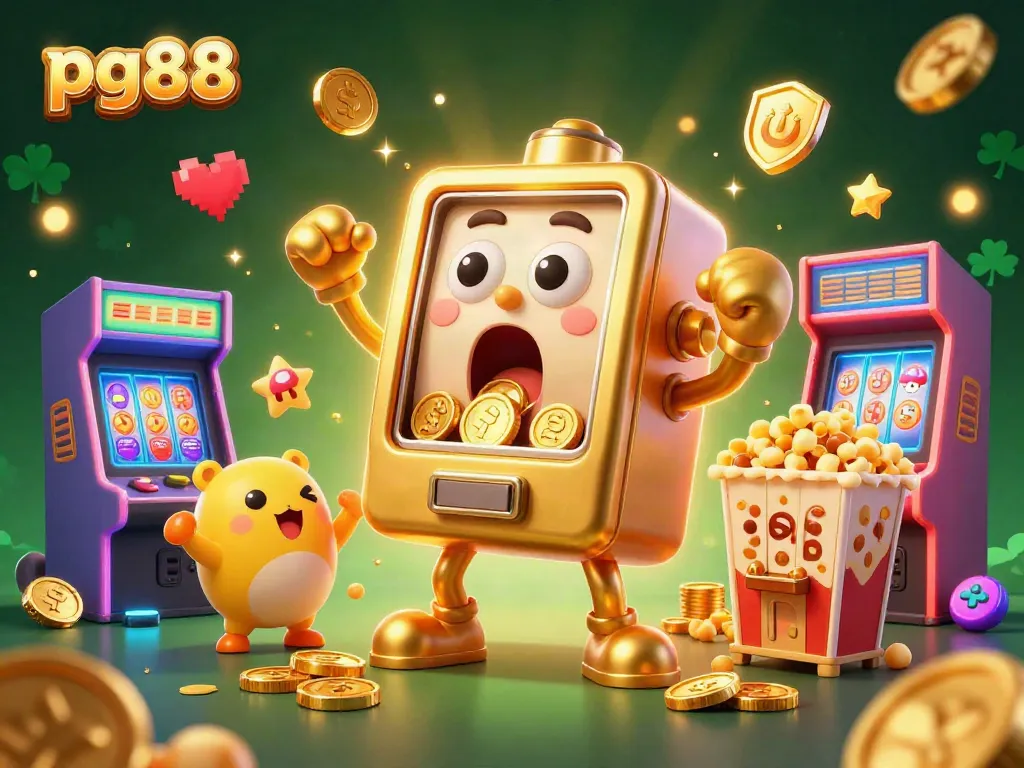 pg88 golden slot machine celebrating a jackpot, surrounded by cheering baby slots and arcade elements.