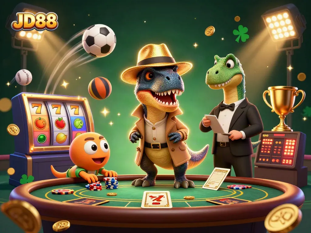 Engage in thrilling JD88 gaming action with a 3D velociraptor at the blackjack table.