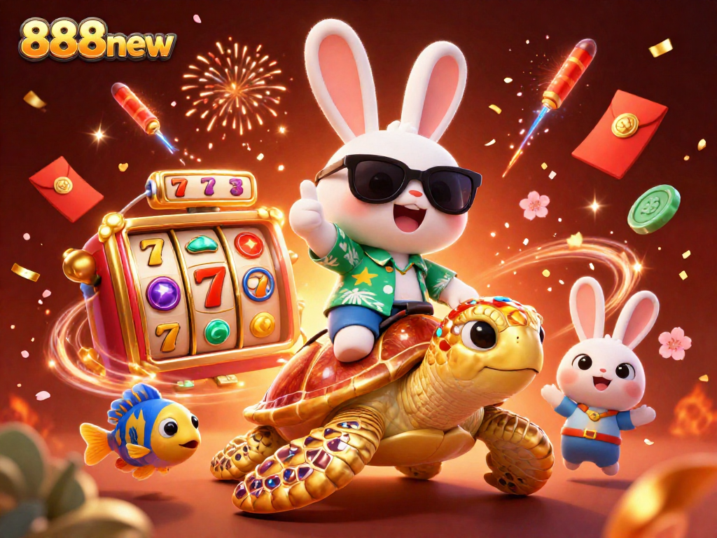 Spin reels with 888new as cartoon rabbit rides sea turtle in a vibrant casino scene