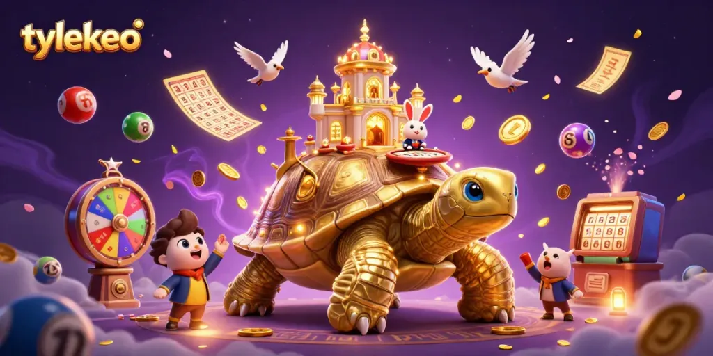 Engage with the vibrant tylekeo casino scene showcasing a golden tortoise carrying a miniature palace, enhancing your betting experience.