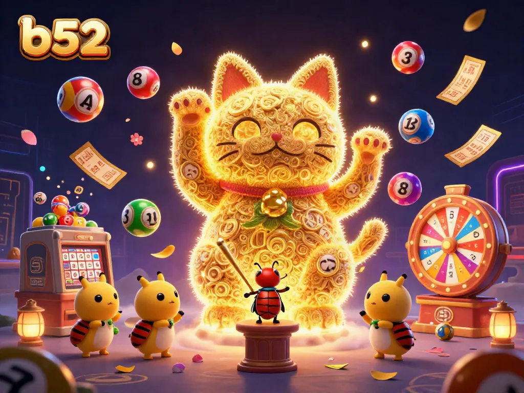 Engage in exciting casino play with b52, featuring a lucky cat and vibrant games.