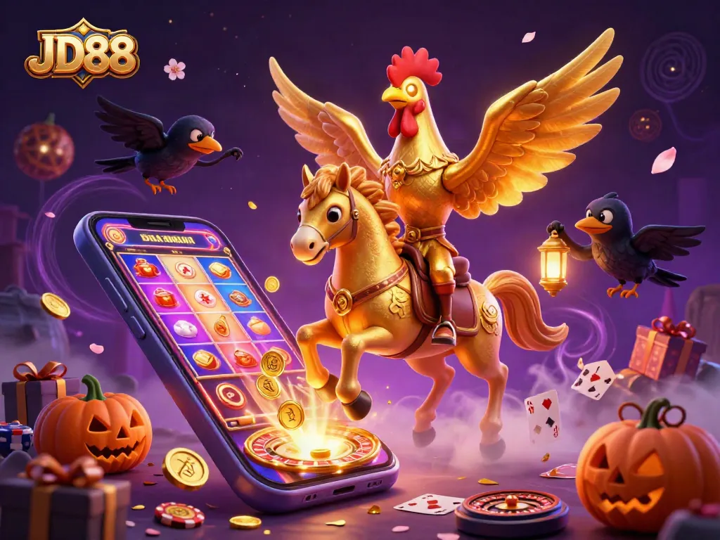 Experience JD88 online casino action with a golden rooster and spectral ambiance, rich in gaming excitement.