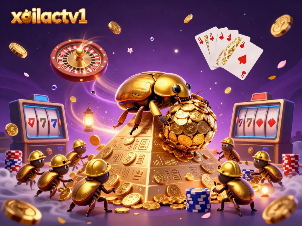 Action-packed scene with xoilactv1's golden beetles rolling treasure in a vibrant casino setting.