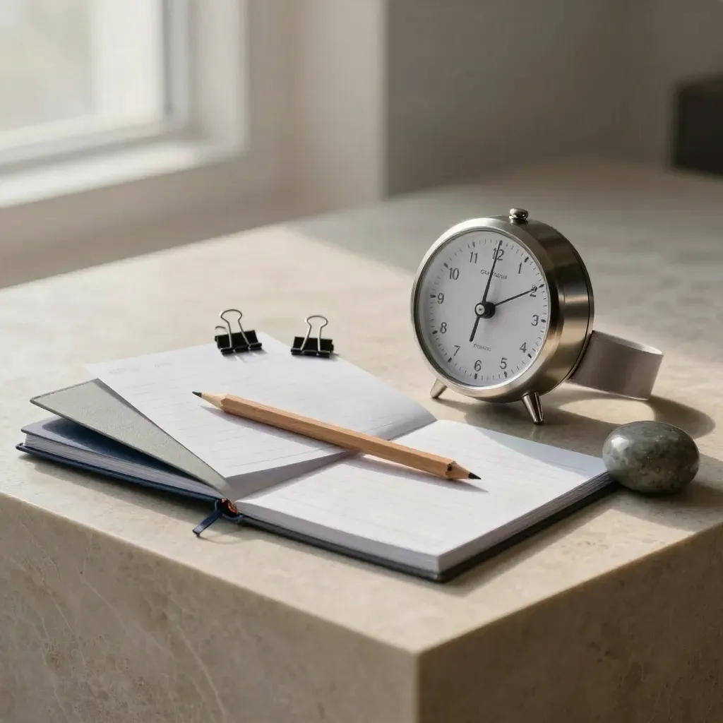 Brushed timer and focus tools on limestone, with misty studio light and open copy space.