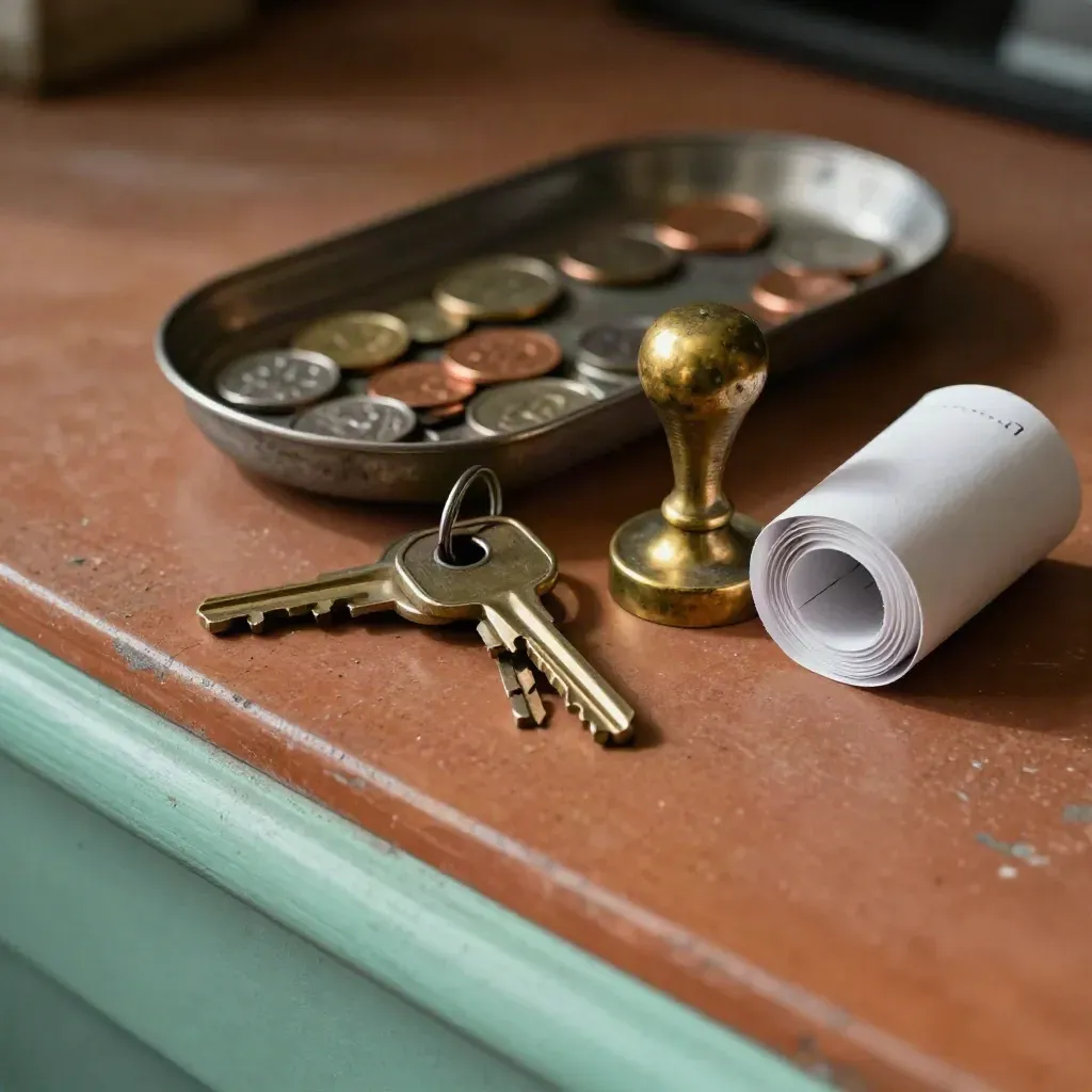 Brass till keys, stamp, coin tray and receipt roll on terracotta counter in moody light.