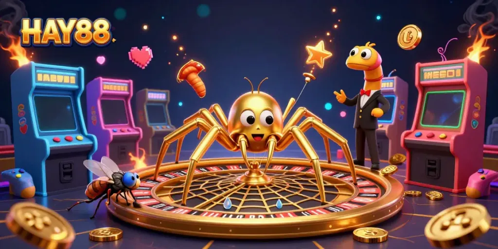 Place bets and spin to win at HAY88 in this vibrant 3D casino illustration featuring a roulette web.