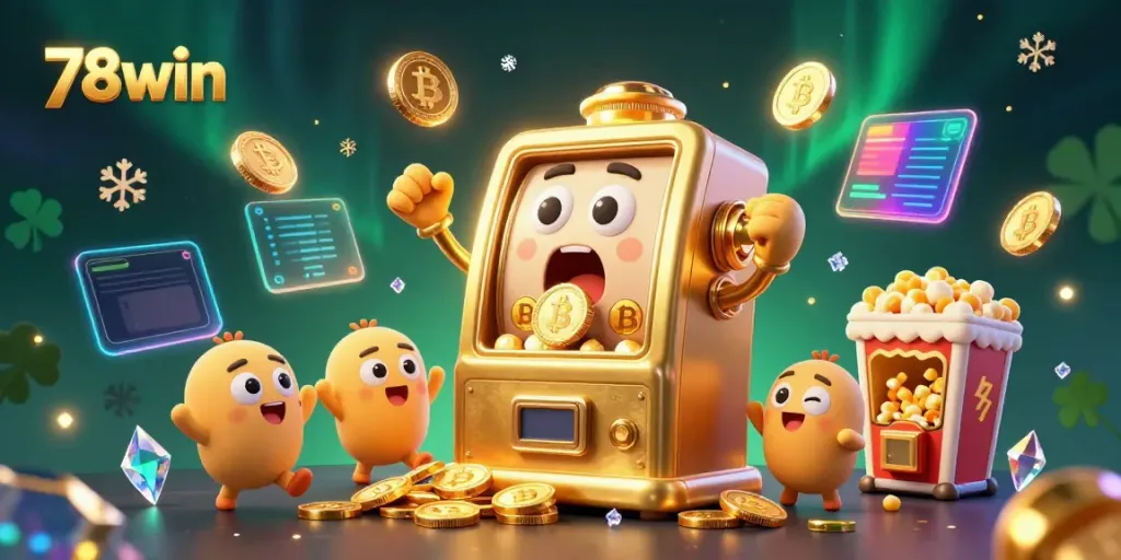 Experience the thrill of 78win with a golden slot machine celebrating a jackpot amid neon crypto coins.
