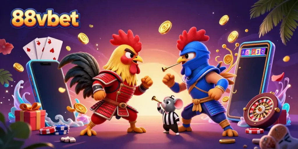 88vbet showcases twin fighting roosters and dynamic casino elements in rich 3D illustration.