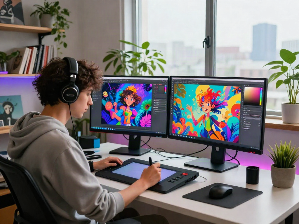 Creating NSFW AI artwork in a vibrant digital art studio with creative elements.