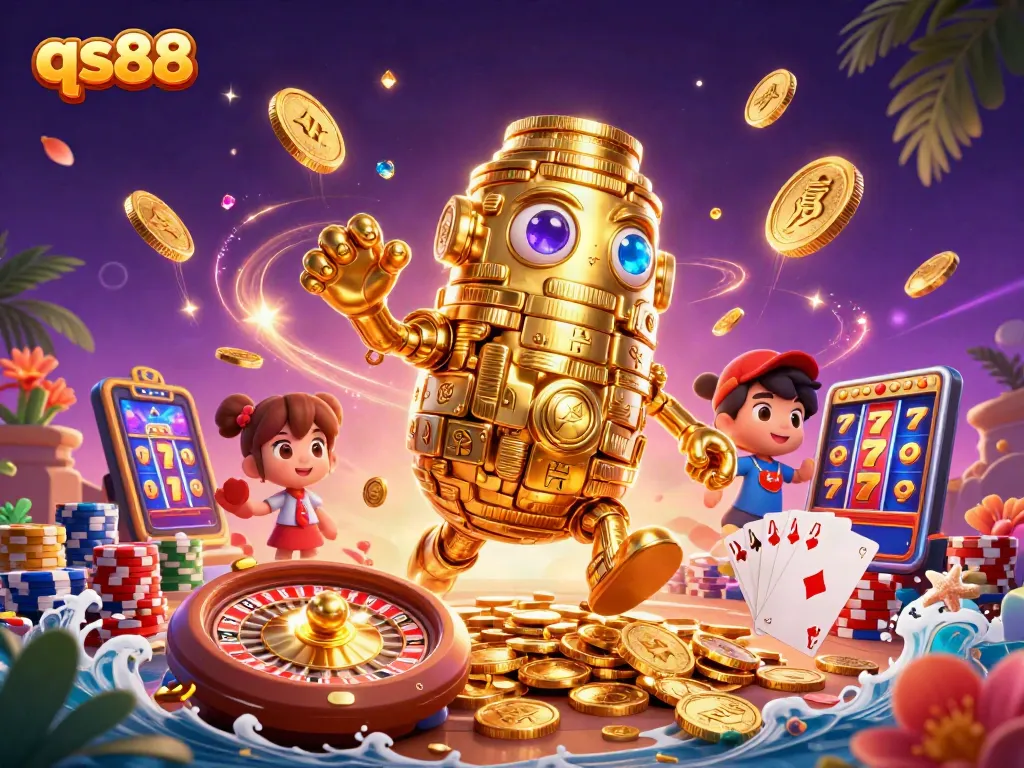 Experience thrilling action at qs88 with a vibrant, 3D scene of casino games and golden elements.