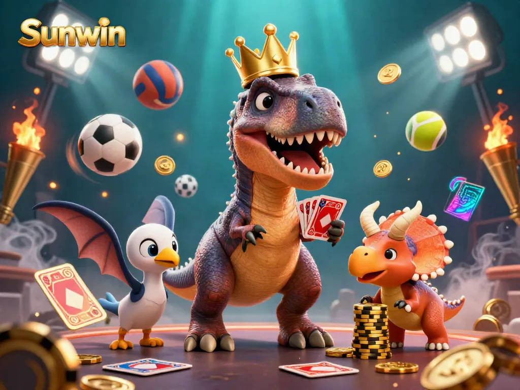 Experience the excitement of Sunwin as a friendly T-Rex shuffles cards while a pterodactyl assists in this vibrant casino scene.