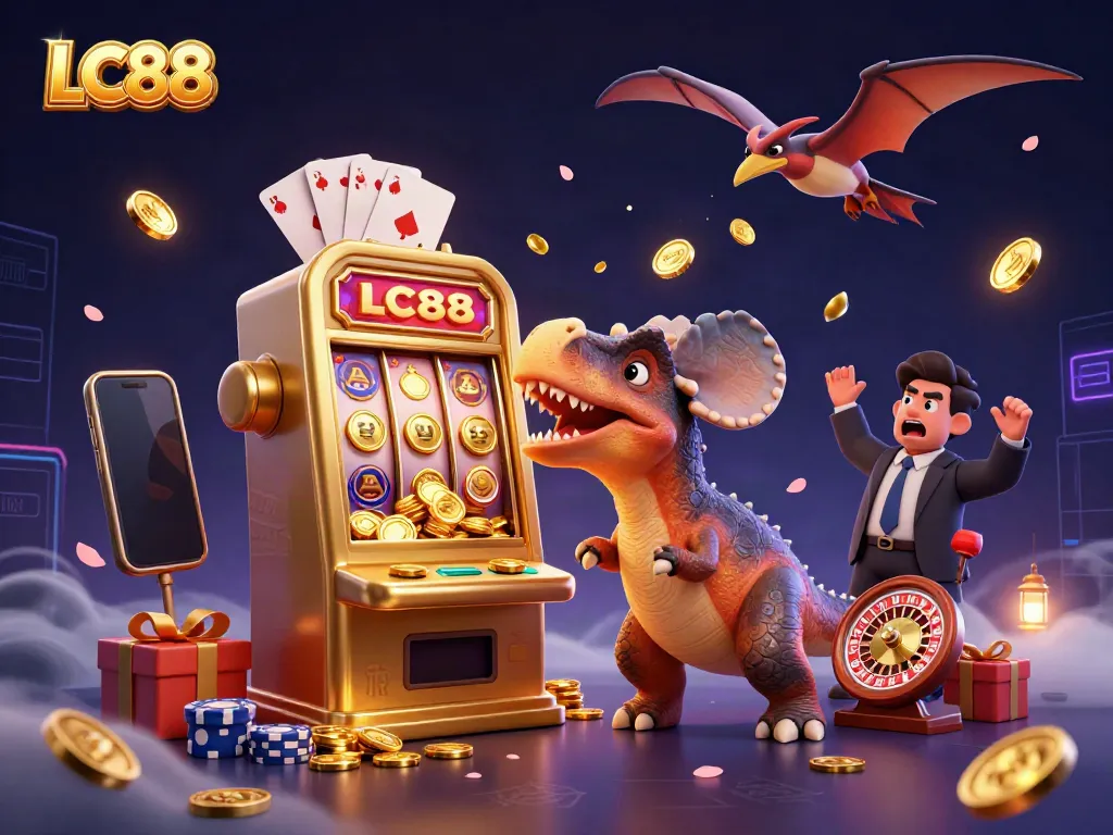 LC88's dynamic casino scene with a pterosaur and dinosaurs engaging in a jackpot frenzy.