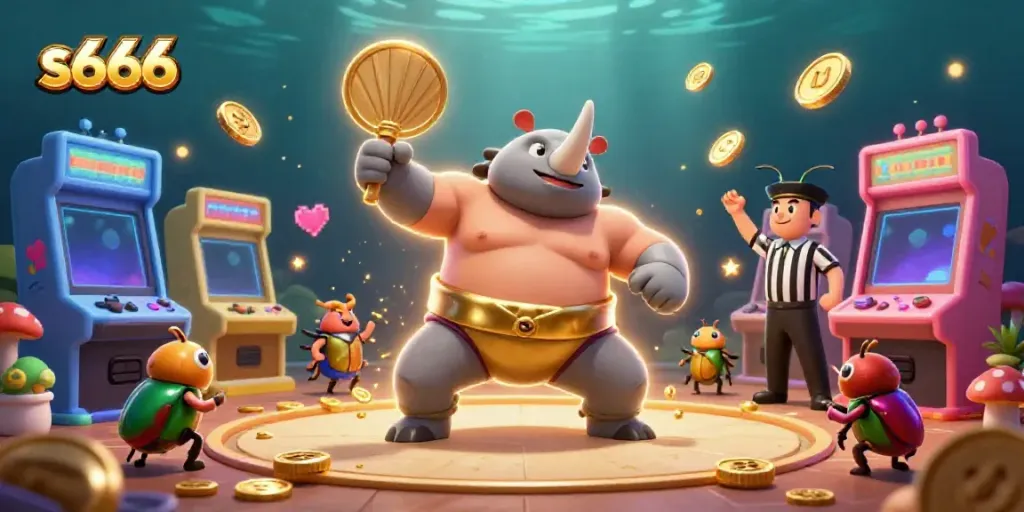 Experience the thrill of s666 with a joyous scene of cartoon beetles celebrating in a vibrant casino setting.