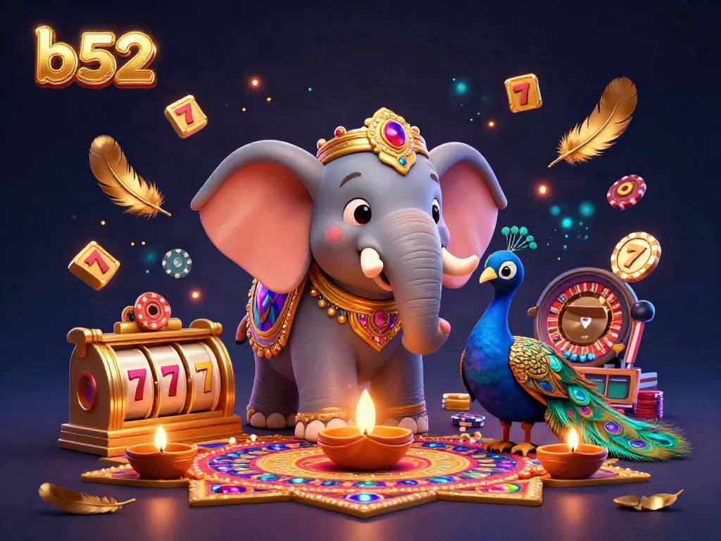 Engage in the vibrant world of b52 gaming featuring colorful elephants, peacocks, and casino elements.