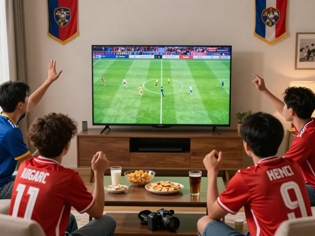 Fans watching soccer on Xoilactv, enjoying snacks and drinks in a cozy living room.