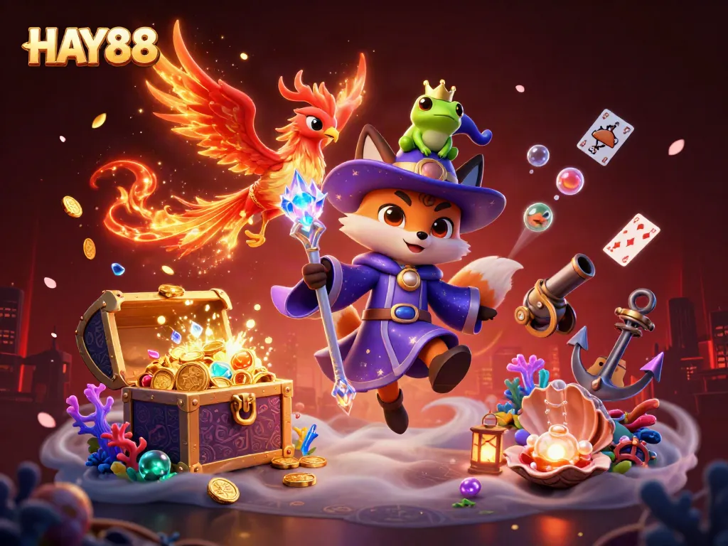 Experience the exciting world of HAY88 through a mystical casino scene filled with vibrant games and magical characters.