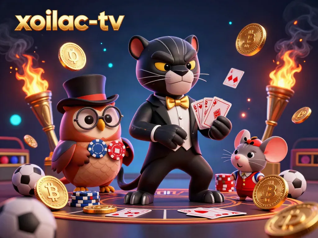 Engage in thrilling sports betting with xoilac-tv's dynamic 3D illustration of a stylish tuxedoed panther dealer.