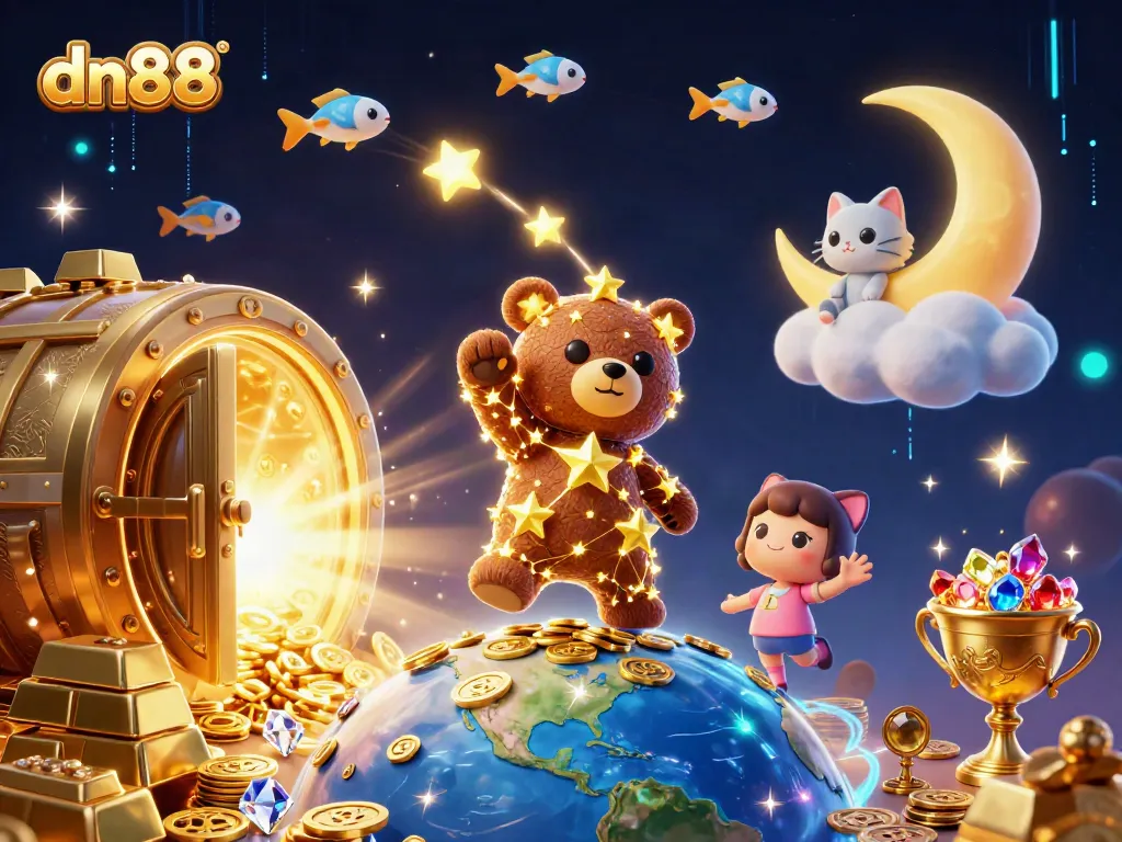 Win big with dn88 as a constellation bear scoops coins from below in this vibrant casino scene.