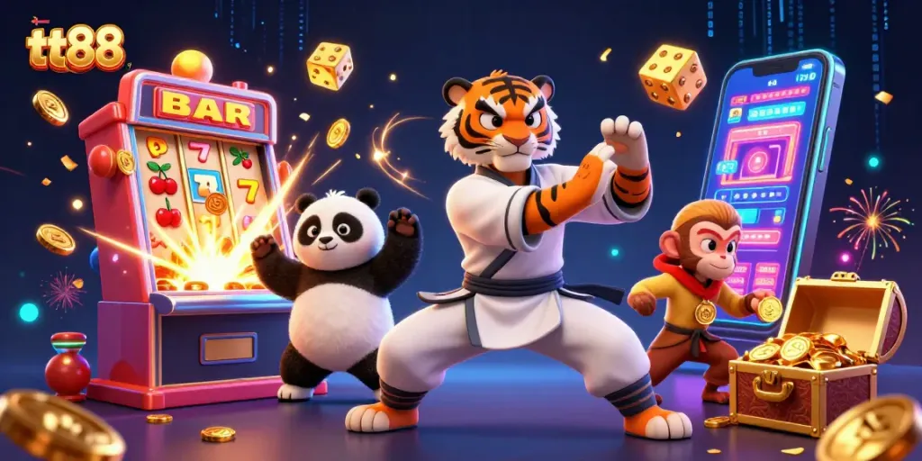 tt88 engaging players in a vibrant casino scene featuring a kung fu tiger, panda, and monkey.