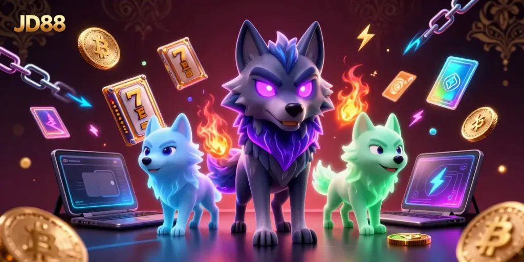 Experience JD88's thrilling casino ambiance with glowing slot reels and spectral wolves.