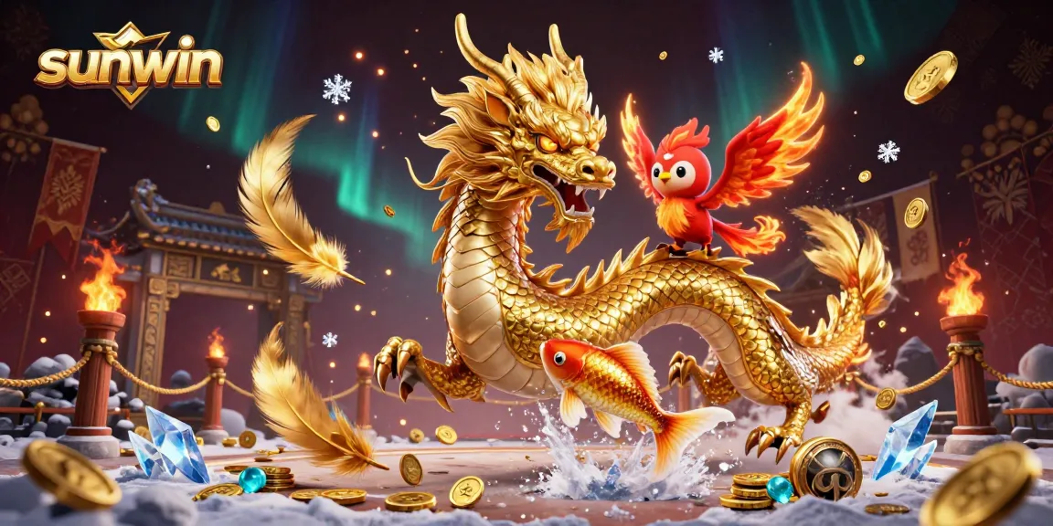 Experience thrilling gameplay at sunwin with a golden dragon, phoenix, and koi fish amidst coins.