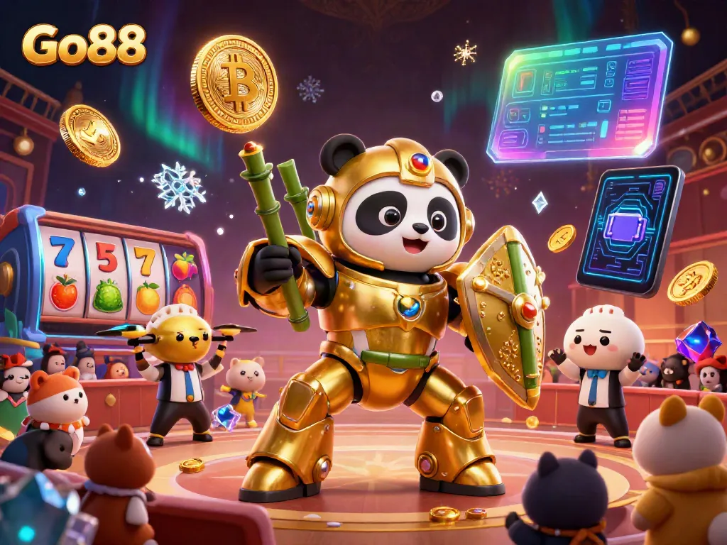 Engage with Go88 in a vibrant casino scene showcasing a dynamic mech battle surrounded by exciting gambling elements.
