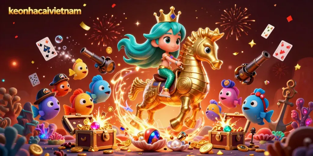 Experience keonhacaivietnam's thrilling gaming adventure with a vibrant underwater casino scene filled with action.