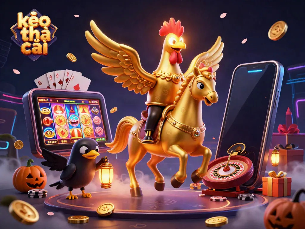 Experience the thrill of kèo nhà cái as a golden rooster navigates a mystical casino environment.