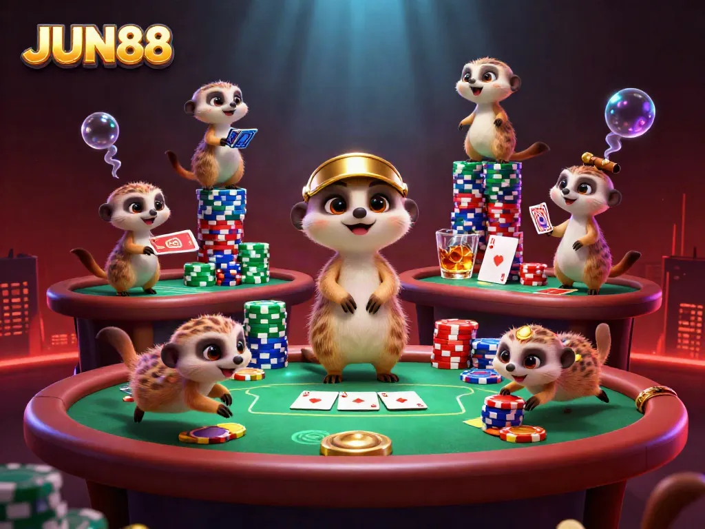 Experience the excitement of JUN88 casino with unique meerkat characters managing games and poker tables.