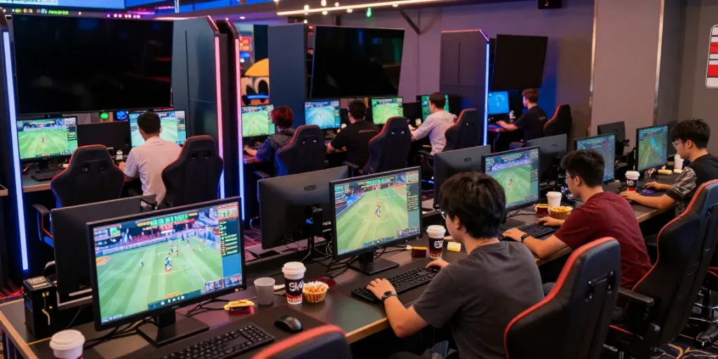 Exciting gaming lounge scene at https://8kbeteu.com/ with diverse players engaged in online betting.