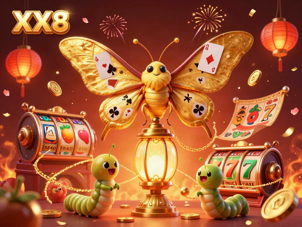 Engage in thrilling gameplay with XX8, featuring a magical moth, spinning slot reels, and golden tokens.