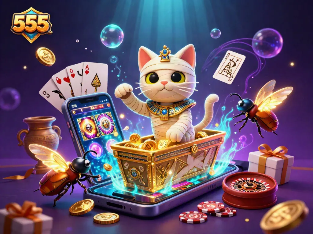 Experience thrilling gameplay with 555win as Egyptian mummy and scarab celebrate casino wins.