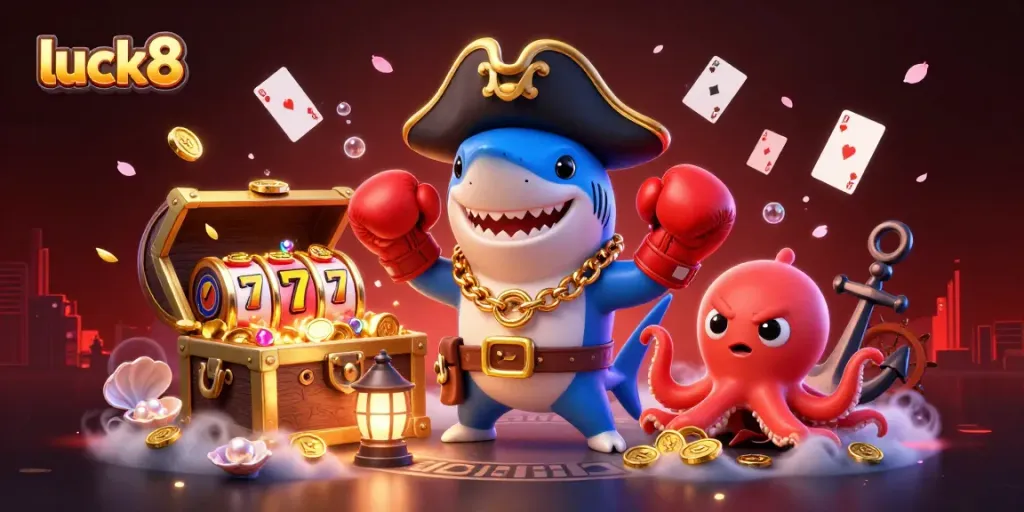 Experience excitement at luck8 with a 3D illustration of a pirate shark and friends surrounded by casino elements.