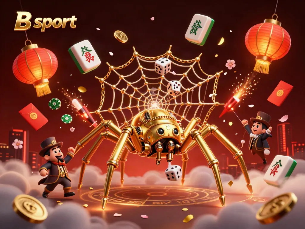 B sport takes center stage in a dynamic 3D illustration of games with golden spider and Victorian fly gentleman caught in an exciting gambling web.