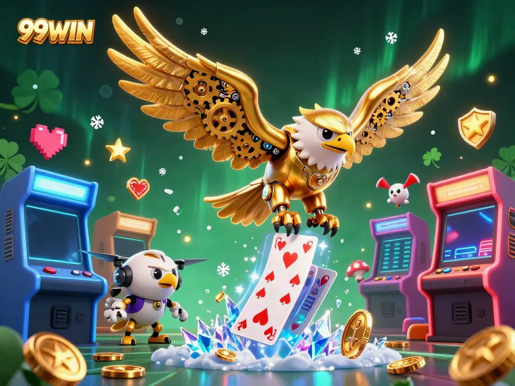 Dive into the excitement at 99WIN with casino elements and cybernetic eagle gracing the gaming scene.