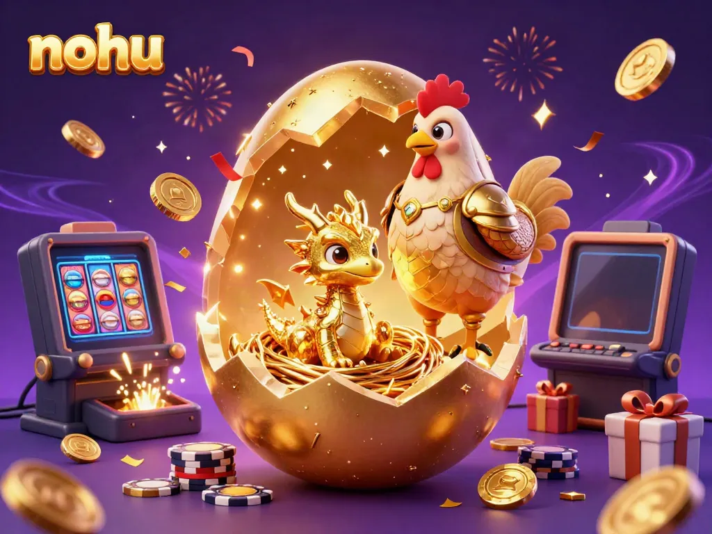 Win big at nohu with colorful slots and a lucky golden dragon in a vibrant casino scene.