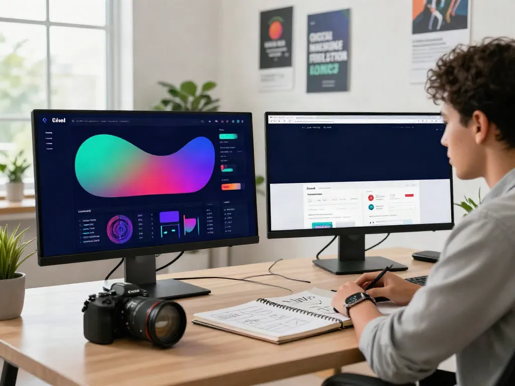 Digital marketer analyzing metrics related to instant indexing in a modern office