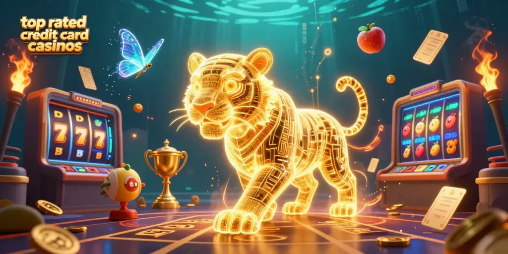 Experience the thrill of top rated credit card casinos with a vibrant digital casino scene featuring a golden tiger and slot reels.