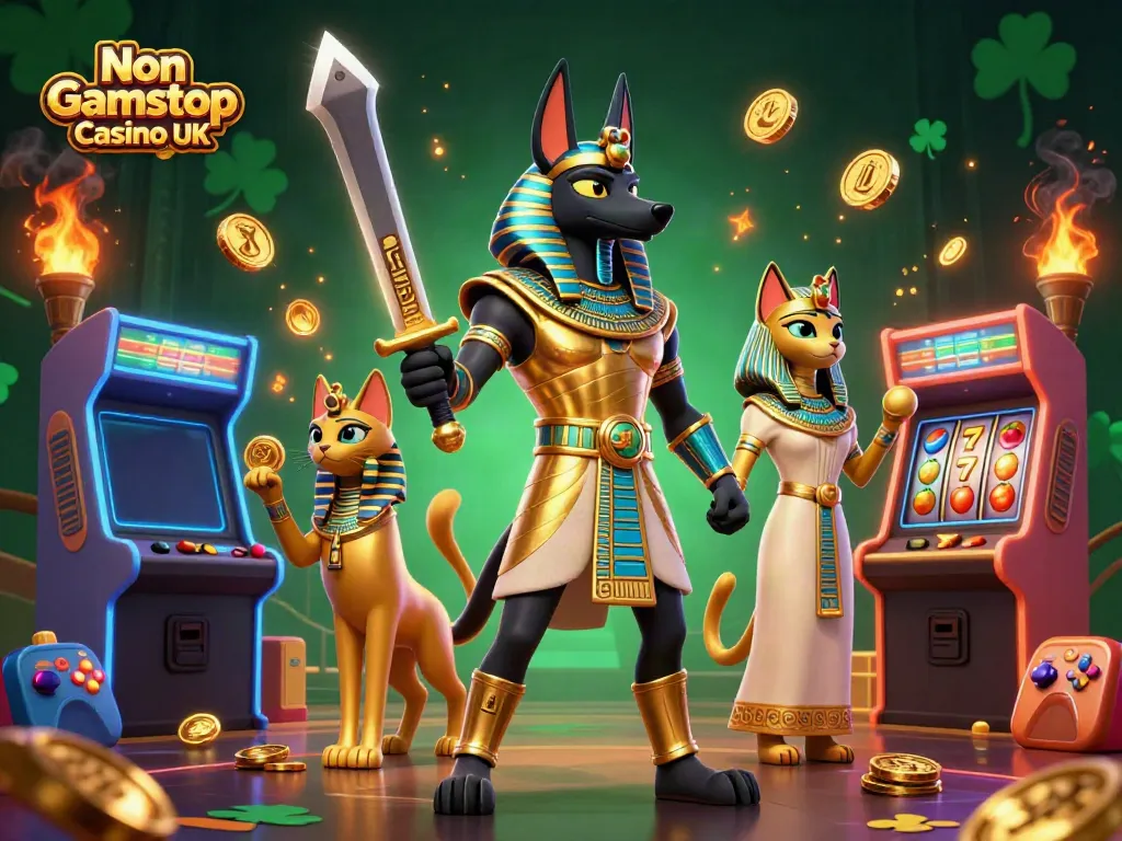 Experience thrill at Non Gamstop Casino UK with Anubis and Bastet in a vibrant gaming scene.